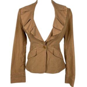 BCGBMaxAzria Tan Brown Ruffle Collar Single Button Cotton Blazer Jacket Sz S